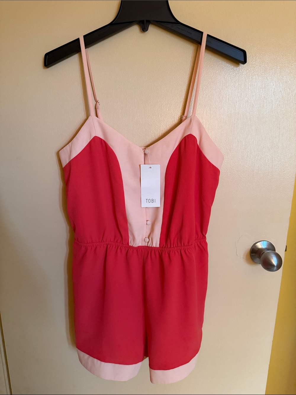 Tobi Colorblock Pink and Coral Spaghetti-Strap Romper with Pockets